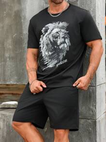 Manfinity LEGND Men Lion & Letter Graphic Tee & Drawstring Waist Shorts For Summer - Black - View 4
