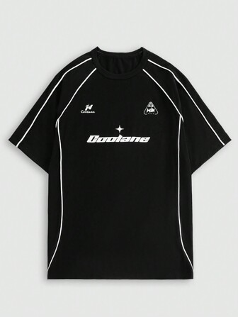 Coolane Camiseta negra de manga corta de estilo callejero para mujer, fría e impresión de letras del evento, bloqueo de color Y2K