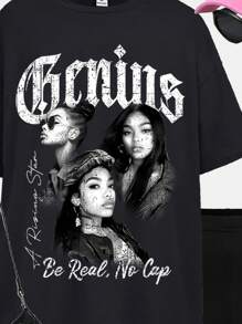 SHEIN Girlism 2pcs Y2K Streetwear Tween Girls' Casual Loose Relaxed Fashion Street Hip Hop Portrait & Letter Print Black Loose Crew Neck Tee And Black Shorts Set, Summer - Black - View 4