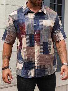 Manfinity Homme Camisa casual de manga corta suelta con estampado geométrico, para hombre de talla grande, de verano, para salir - Multicolor - Ver 4