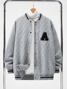 SHEIN Jachetă de baseball ocazională de iarnă pentru adolescenți băieți, cu design inserat, căptușeală confortabilă și broderie cu litere, potrivită pentru activități în aer liber și uzură zilnică, textura simplă și stil de facultate, perfectă pentru naveta școlară - Gri - Vizualizare 1