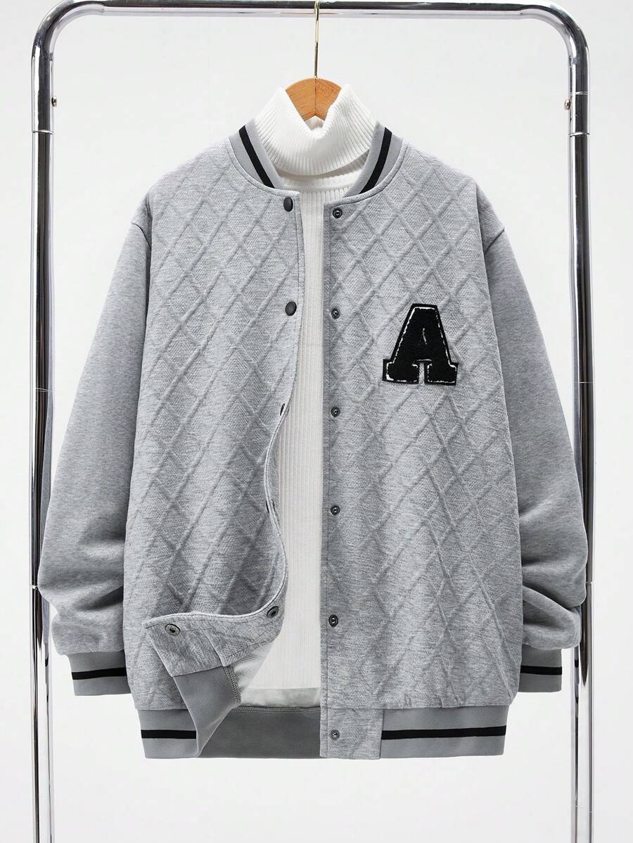 SHEIN Jachetă de baseball ocazională de iarnă pentru adolescenți băieți, cu design inserat, căptușeală confortabilă și broderie cu litere, potrivită pentru activități în aer liber și uzură zilnică, textura simplă și stil de facultate, perfectă pentru naveta școlară - Gri - Vizualizare 1