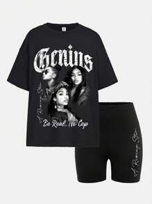 SHEIN Girlism 2pcs Y2K Streetwear Tween Girls' Casual Loose Relaxed Fashion Street Hip Hop Portrait & Letter Print Black Loose Crew Neck Tee And Black Shorts Set, Summer - Black - View 2