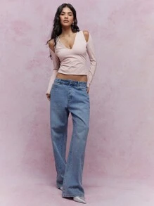 MISSGUIDED Haut court à manches longues avec encolure plongeante et épaules découpées
