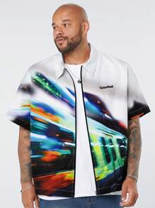 Manfinity NXTstreet Manfinity CozeMod Men's Plus Size Loose Fit Drop-Shoulder Spread Collar Short Sleeve Shirt With Jacquard Racing Train Pattern, Suitable For Summer,Vintage Shirts