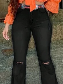 Women's Fashion Versatile Pockets Distressed Flared Jeans - Black - View 4
