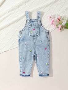 Baby Girls' Cute Embroidered Denim Overalls In Multi-Color Style - Light Wash - View 7