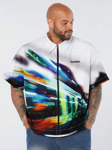 Manfinity NXTstreet Manfinity CozeMod Men's Plus Size Loose Fit Drop-Shoulder Spread Collar Short Sleeve Shirt With Jacquard Racing Train Pattern, Suitable For Summer,Vintage Shirts