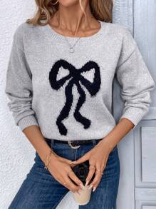 SHEIN LUNE 歐美風寬鬆針織女士套頭毛衣，秋冬時尚親膚針織上衣 - 黑色 - 查看 1