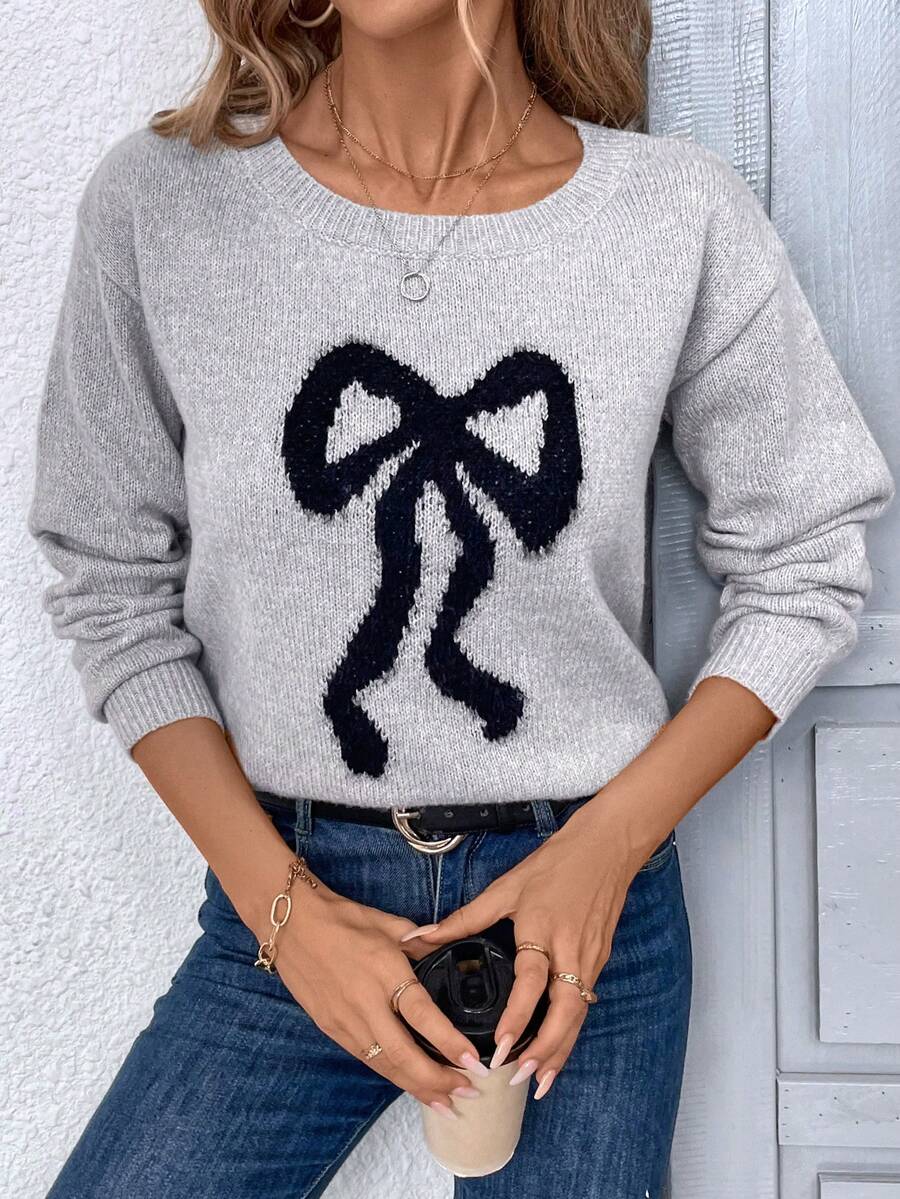 SHEIN LUNE 歐美風寬鬆針織女士套頭毛衣，秋冬時尚親膚針織上衣 - 黑色 - 查看 1