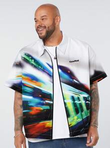 Manfinity NXTstreet Manfinity CozeMod Men's Plus Size Loose Fit Drop-Shoulder Spread Collar Short Sleeve Shirt With Jacquard Racing Train Pattern, Suitable For Summer,Vintage Shirts