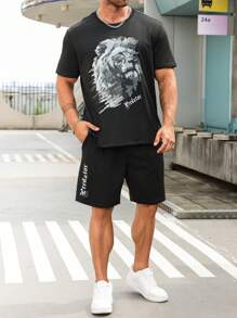 Manfinity LEGND Men Lion & Letter Graphic Tee & Drawstring Waist Shorts For Summer - Black - View 6