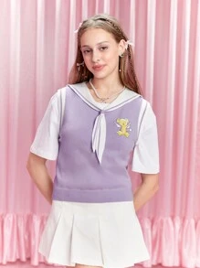 CARDCAPTOR SAKURA | SHEIN Chaleco sin mangas de suéter con cuello marinero para mujer con dibujo de caricatura lindo y ribete contrastante