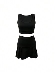 Europe And America Style Women's Spring And Summer New Sports Fashion Solid Color Sexy Vest And Skirt Set