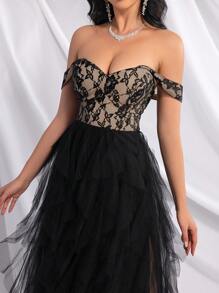 QOQ Modna, elegancka, koronkowa, siateczkowa suknia dla druhny z wysokim rozcięciem, idealna na imprezę, na formalne okazje, na wieczór, na wesele, na Walentynki - Czarne - Zobacz 6