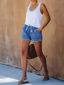 Raw Hem Drawstring Waist Shorts - Dark Wash - View 4