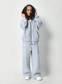 SUMWON Conjunto de 2 piezas de niña preadolescente con sudadera con capucha lavada con cierre y pantalón de caída de entrepierna con estampado gráfico - Azul - Ver 5