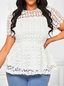 SHEIN Lady Plus Size White Lace Short Sleeve Shirt With Gathered Waist And Ruffled Trim - White - View 1
