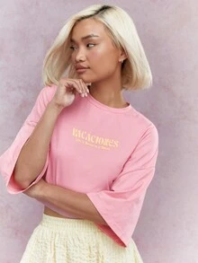 MISSGUIDED Drop Shoulder Oversized Crop T-Shirt With Print - Coral Pink - View 3
