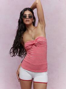 MISSGUIDED 扭結胸前條紋紋理彈力無肩帶上衣 - 粉色 - 查看 1