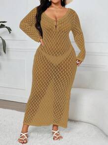 SHEIN Clasi Robe maxi de pull transparent pour femmes grande taille à manches longues et col en V pour le printemps/été - Kaki - Voir 5