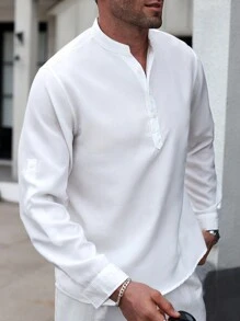 Manfinity Homme Loose Fit Men's Half Button Roll Up Sleeve Shirt