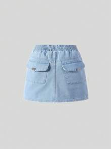 SHEIN Tween 女童弹性腰部复古多口袋校园宽松休闲牛仔短裤 - 淺色水洗藍 - 查看 2