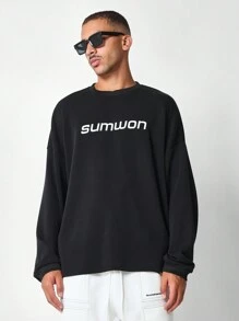 SUMWON 超大尺寸运动衫，带星星标志设计，套头衫，休闲街头服饰，秋冬家居服，运动休闲长袖运动上衣 - 黑色 - 查看 2