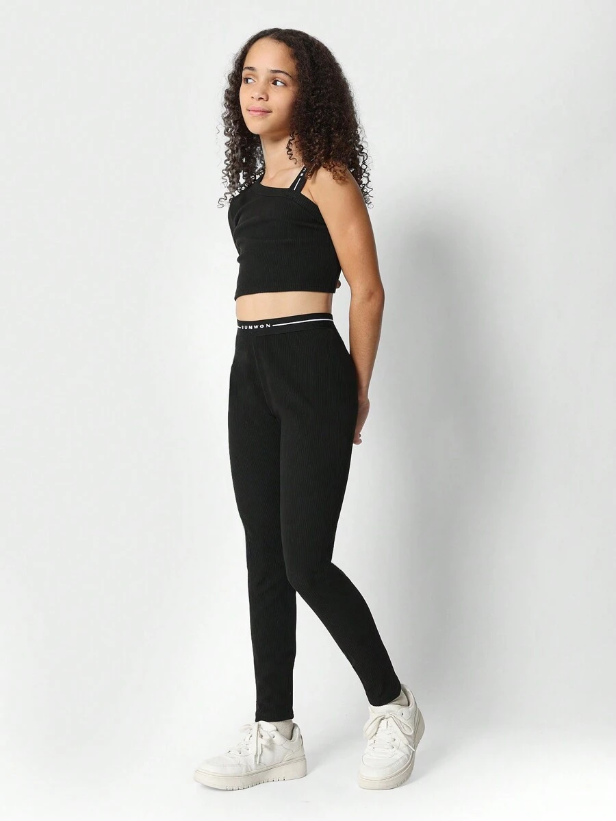 SUMWON Tween Girls Crop Fitted Top And Leggings 2 Piece Set - Black - View 1