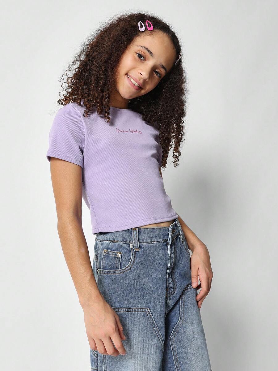 SUMWON Tween Girls Ribbed Crop Fit Tee With Embroidery - Purple - View 1