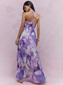 MISSGUIDED Đầm Maxi Dài Xẻ Tà Cổ Sâu In Hoa, Cao Đến Đùi, Khoét Hở - Màu tím  Violet - Xem 2