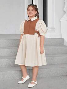 SHEIN 青少女加大碼寬鬆休閑拼色立領泡泡袖連衣裙