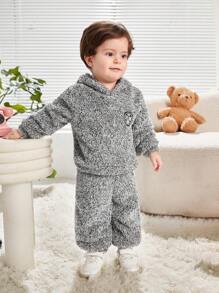 SHEIN 2pcs Baby Unisex Grey All-Match Casual Loose Hooded Set, Soft Fleece Thickened For Autumn/Winter, Indoor & Outdoor Wear
