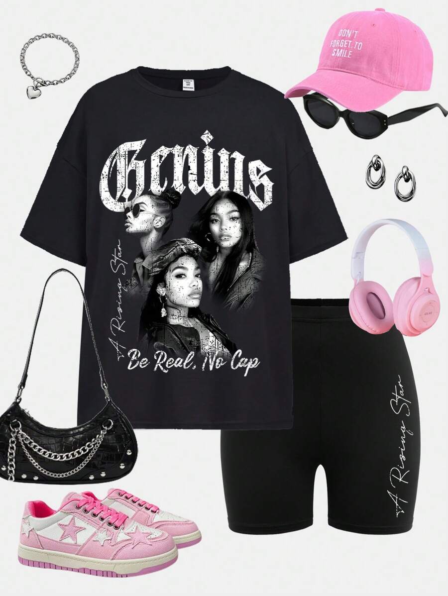 SHEIN Girlism 2pcs Y2K Streetwear Tween Girls' Casual Loose Relaxed Fashion Street Hip Hop Portrait & Letter Print Black Loose Crew Neck Tee And Black Shorts Set, Summer - Black - View 1