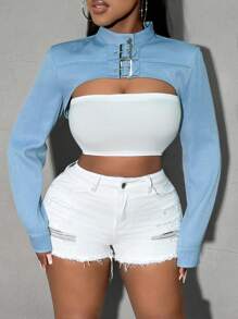 SHEIN SXY Áo khoác cổ đứng màu trơn giản dị siêu ngắn
Trang phục thu đông cho nữ - Màu xanh lam - Xem 5