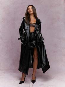 MISSGUIDED Maxi High Shine Leather Look Coat Winter Wear - Black - View 1