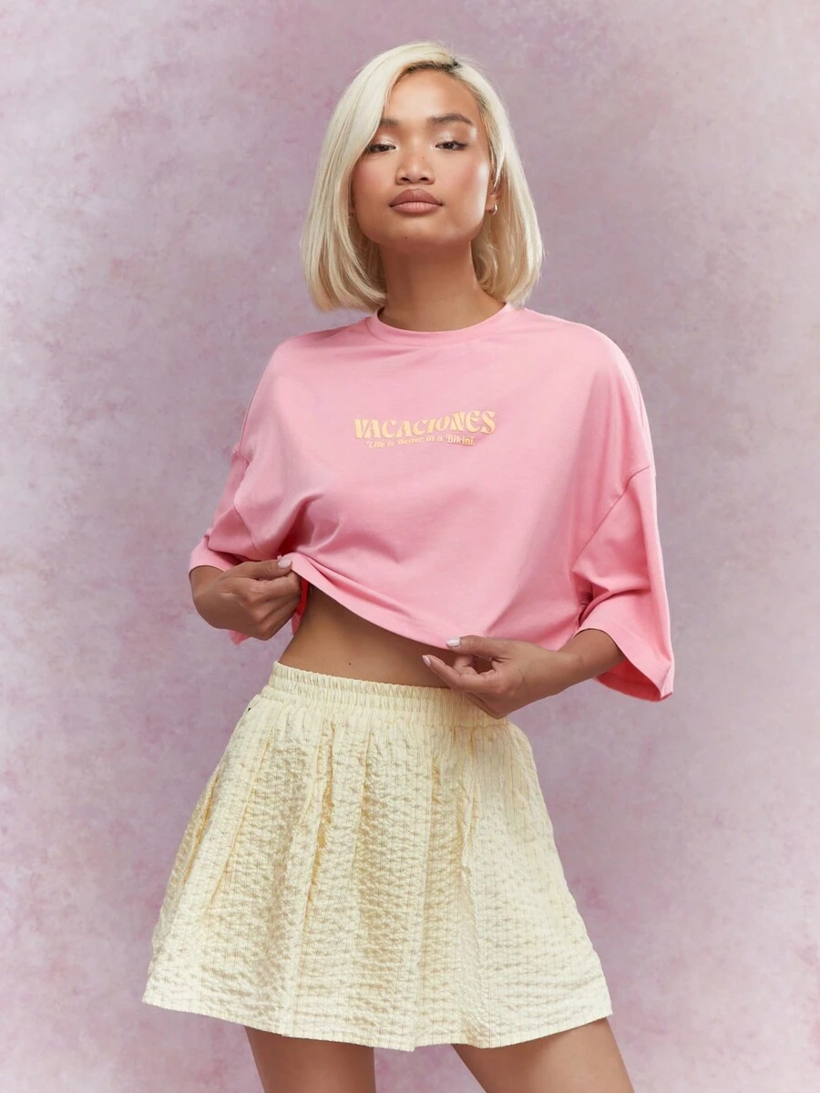 MISSGUIDED Drop Shoulder Oversized Crop T-Shirt With Print - Coral Pink - View 1
