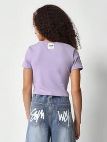 SUMWON Tween Girls Ribbed Crop Fit Tee With Embroidery - Purple - View 2