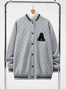 SHEIN Jachetă de baseball ocazională de iarnă pentru adolescenți băieți, cu design inserat, căptușeală confortabilă și broderie cu litere, potrivită pentru activități în aer liber și uzură zilnică, textura simplă și stil de facultate, perfectă pentru naveta școlară - Gri - Vizualizare 3