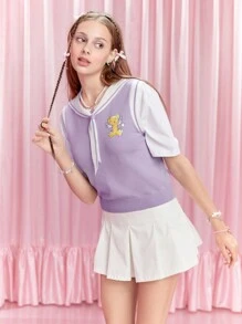 CARDCAPTOR SAKURA | SHEIN Chaleco sin mangas de suéter con cuello marinero para mujer con dibujo de caricatura lindo y ribete contrastante