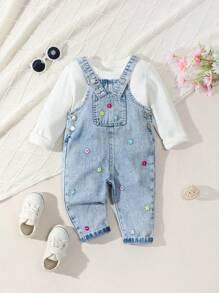 Baby Girls' Cute Embroidered Denim Overalls In Multi-Color Style - Light Wash - View 1