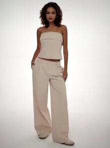 Forever 21 Bộ hai món thường ngày quần kaki quây và có túi ống rộng mùa hè dành cho nữ - Màu Khaki - Xem 1