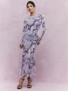 MISSGUIDED Đầm Maxi Cổ Thuyền Tay Dài Viền Đuôi Cá Lưới Trong Suốt - Nhiều màu - Xem 1