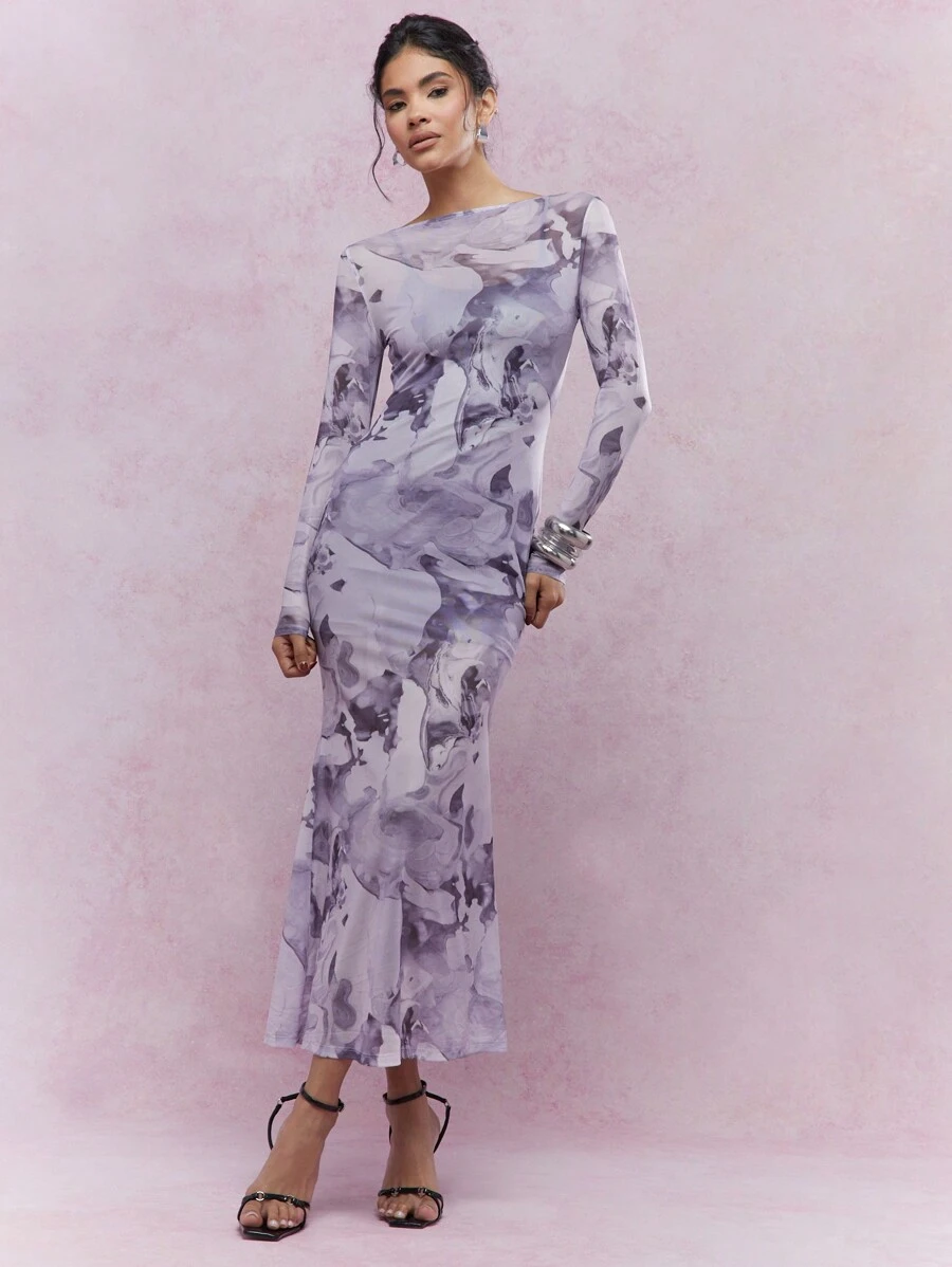 MISSGUIDED Đầm Maxi Cổ Thuyền Tay Dài Viền Đuôi Cá Lưới Trong Suốt - Nhiều màu - Xem 1