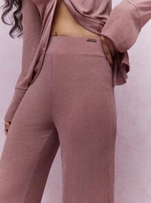 MISSGUIDED Conjunto a juego de camisa de mangas largas y pantalones con textura acanalada - Rosa vieja - Ver 3