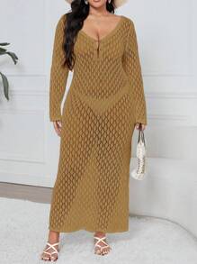 SHEIN Clasi Robe maxi de pull transparent pour femmes grande taille à manches longues et col en V pour le printemps/été - Kaki - Voir 1