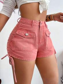 SHEIN SXY Drawstring Side Flap Pocket Denim Shorts