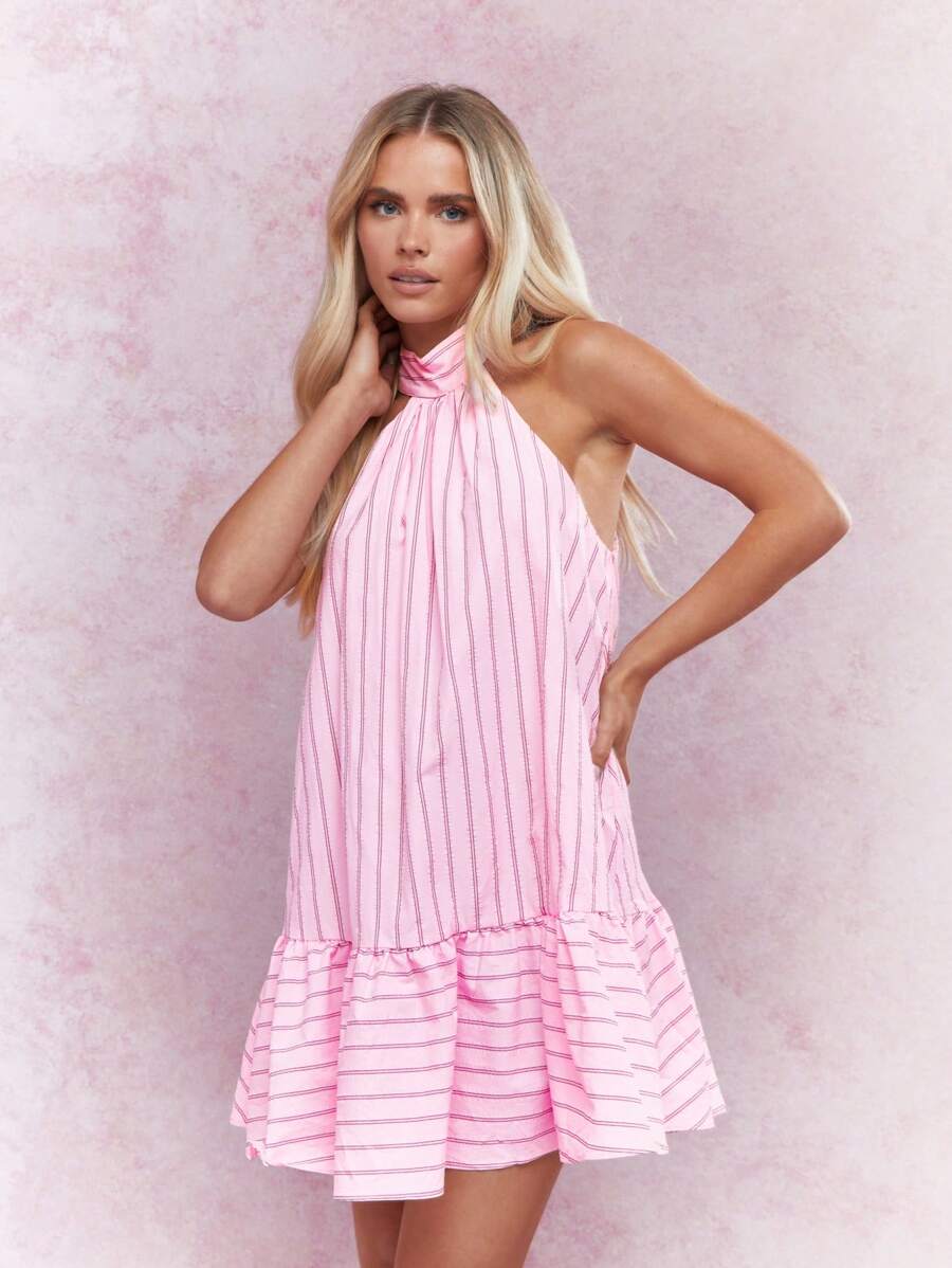 MISSGUIDED Đầm Mini Boho Cổ Halter Sọc Viền Xếp Nếp Dễ Thương - Hồng - Xem 1