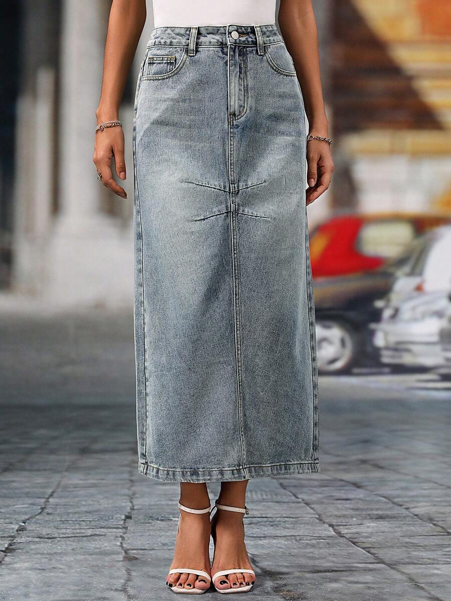 SHEIN Essnce 女款簡約日常純色牛仔裙 - 中等水洗藍 - 查看 1