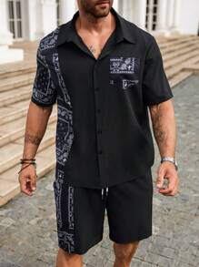 Manfinity Homme Conjunto de dos piezas para hombre de talla grande con camisa de manga corta y pantalones cortos con estampado de campesinos y parches para vacaciones/ocio